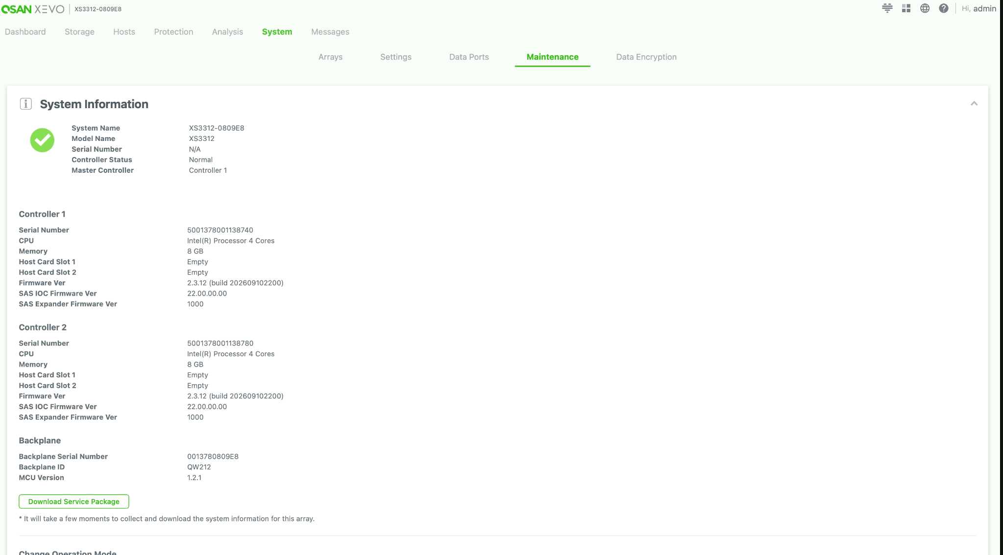 XEVO3 System Maintenance page showing Download Service Package button