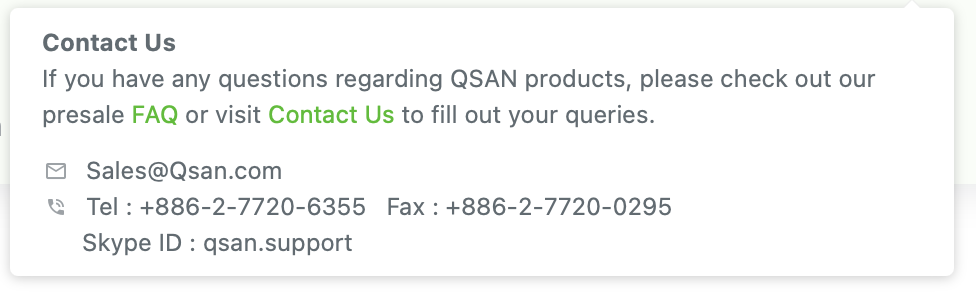 QSAN XEVO Contact Us panel