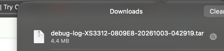 Browser download list showing XEVO3 debug log tar file