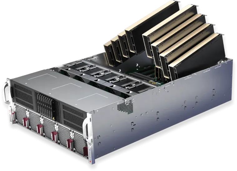 Supermicro 4U AI Factory system SYS-422GA-NRT พร้อม GPU RTX PRO ที่ดึงออกมา