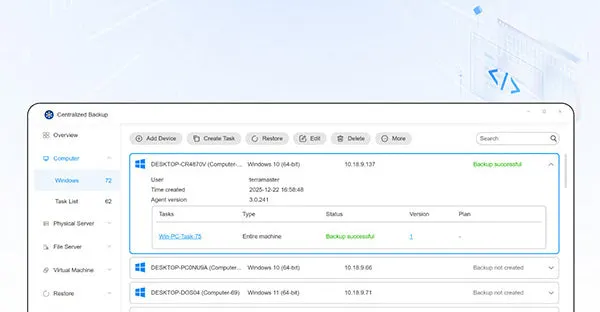 หน้ารายการงาน Centralized Backup แสดงอุปกรณ์ Windows และสถานะการสำรองข้อมูล