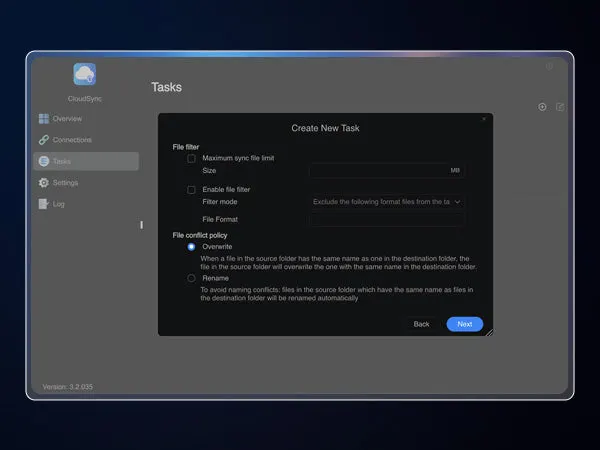 หน้าจอสร้างงาน CloudSync