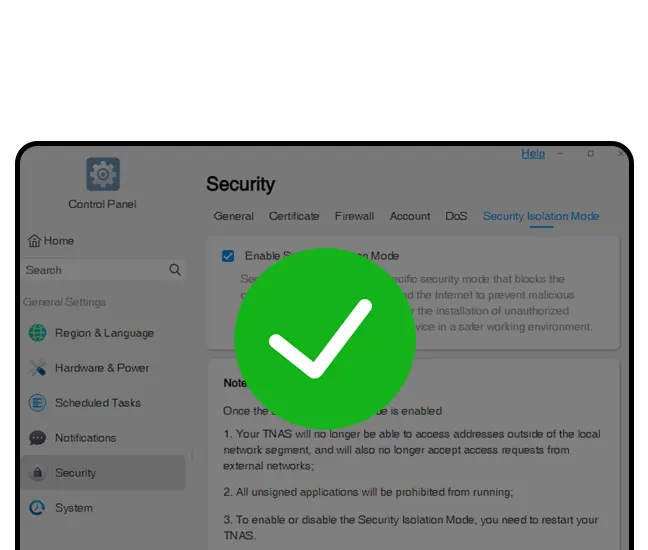 หน้าจอเปิดใช้ Security Isolation Mode ใน TOS