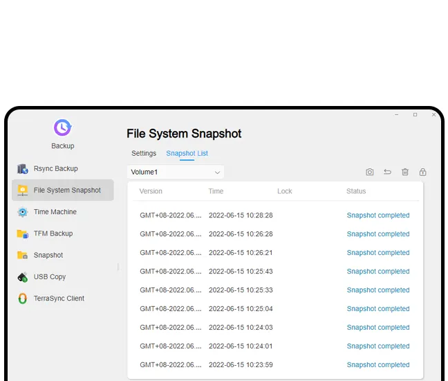 หน้าจอ File System Snapshot ใน TOS แสดงรายการ Snapshot ตามเวลา