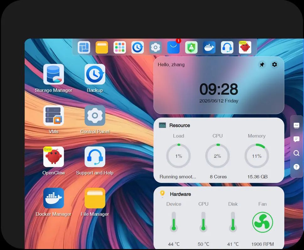 หน้าจอ TOS 7 Desktop พร้อม System Dashboard แสดง CPU, Memory, Volume และสถานะฮาร์ดแวร์